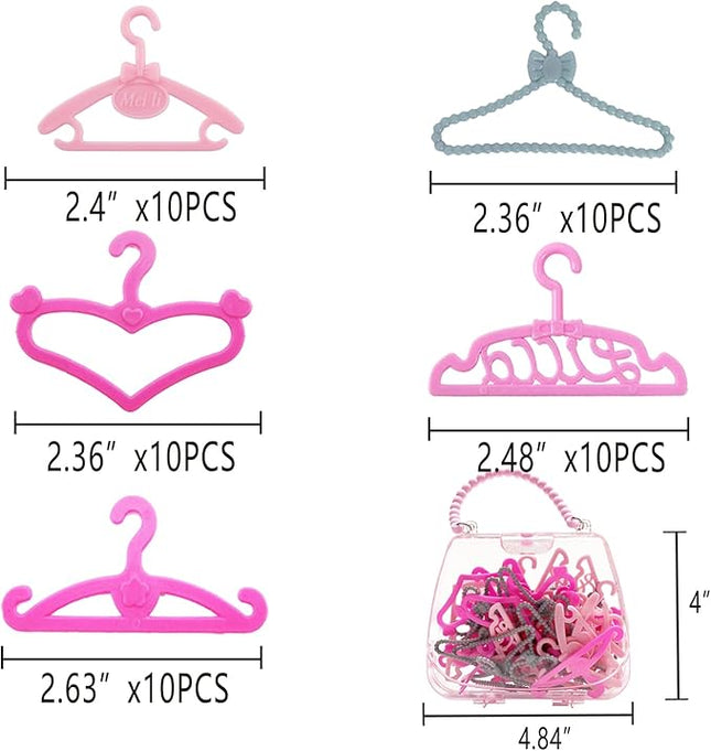 50PCS Doll Hangers for Barbie Hangers for Doll Clothes 1 Pink Lovely Box Storage for 11.5 inch Dolls Girl Gifts Birthday Gifts