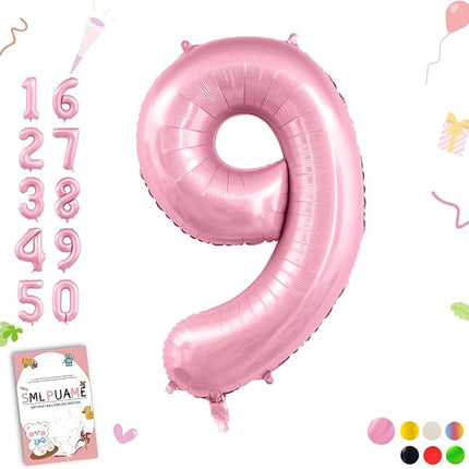 Smlpuame Pastel Pink 9 Balloons, 40 Inch Large Light Pink Foil Number Balloons 0-10, Self-Sealing 9th Birthday Balloon for Girls Women Anniversary Baby Shower Princess Party Decorations Supplies