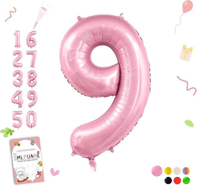 Smlpuame Pastel Pink 9 Balloons, 40 Inch Large Light Pink Foil Number Balloons 0-10, Self-Sealing 9th Birthday Balloon for Girls Women Anniversary Baby Shower Princess Party Decorations Supplies