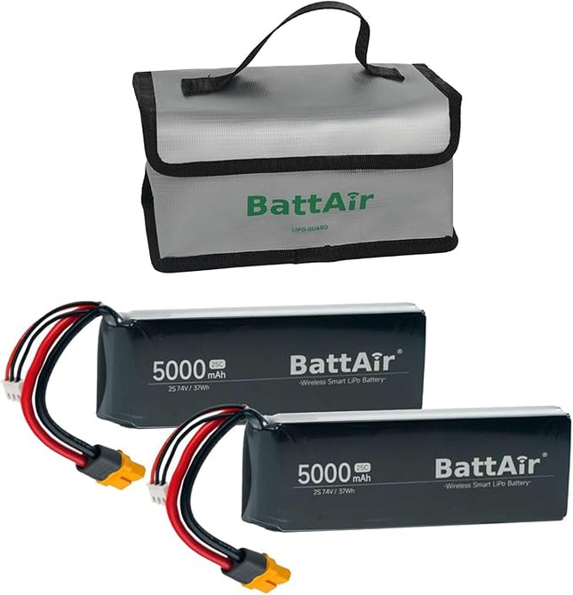ISDT BattAir RC Battery 5000mAh 2S 25C for RC Car, Smart Lipo Battery with XT60 Connector, Intelligent RC Battery for FPV Drone Quadcopter with Fireproof Explosionproof Bag Battery Storage Guard