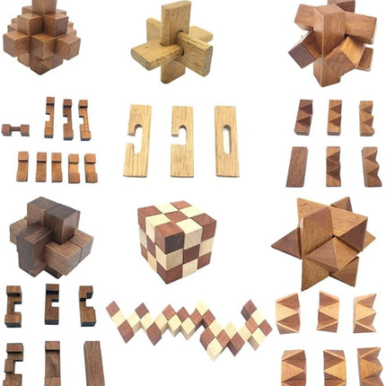 Guaishou 6-in-One 3D Luxury Wooden Brain Puzzle Teaser Kongming Lock for Teens and Adults Includes Storage Box