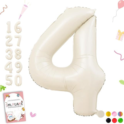 Smlpuame 40 Inch Beige Number 4 Balloons for 4th Birthday Decorations Boys Girl, Giant Self-Sealing Cream Foil Number 0-10 White Sand Balloon for Women Men Party Anniversary Baby Shower Supplies