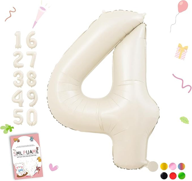 Smlpuame 40 Inch Beige Number 4 Balloons for 4th Birthday Decorations Boys Girl, Giant Self-Sealing Cream Foil Number 0-10 White Sand Balloon for Women Men Party Anniversary Baby Shower Supplies