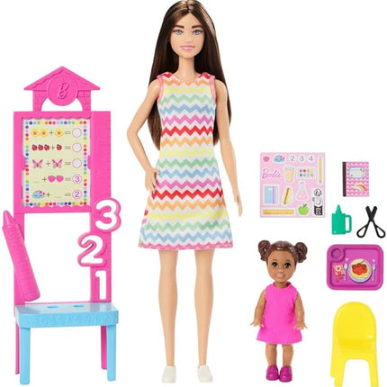 Barbie Teacher with Brunette Fashion Doll with Printed Dress, 1 Toddler Doll, & Teaching Accessories