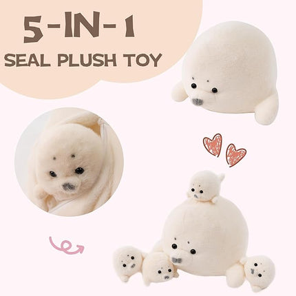 Seal Stuffed Animals with 4 Babies Plushies,16inch White Pillow Christmas Thanksgiving Gift for Kids Boyds and Girls