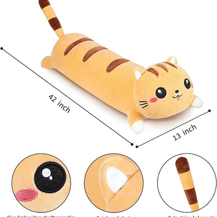 AFAN Long Cat Plush Cute Cat Body Pillows Kawaii Stuffed Animals Plushies Soft Cuddly Cotton Plush Toys Room Decor Gifts for Kids Girls Boys Adults (Yellow, 42 Inch)