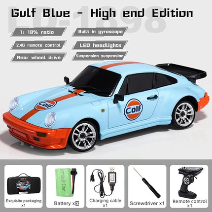 LDRC 1898 1:18 RC Drift Car 911 2.4GHz RWD with Gyroscope on-Road Alloy Body Shell Racing Cars Radio Control (Blue)