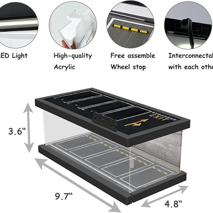 1/64 Model Car Display Case - Compatible with Hot Wheels Matchbox Mini GT Diecast Cars,Acrylic Box for Toy Cars Display Décor and Storage,Stackable Garage Diorama with LED Lights(1T-Motor)