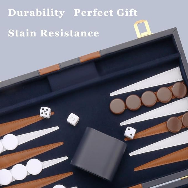Backgammon Set - Classic Board Game with Premium Leather Case - Portable Travel Strategy Backgammon Game Set for Adults, Kids - Suitable as (18inch, Navy)