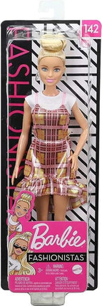 Barbie Fashionistas Doll #142 with Blonde Updo Hair Wearing Pink & Golden Plaid Dress, White Sneakers & Earrings, Toy for Kids 3 to 8 Years Old