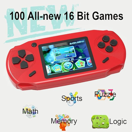 16 Bit Handheld Games for Kids Adults 3.0'' Large Screen Preloaded 100 HD Classic Retro Video Games USB Rechargeable Seniors Electronic Game Player Birthday Xmas Present (Red)