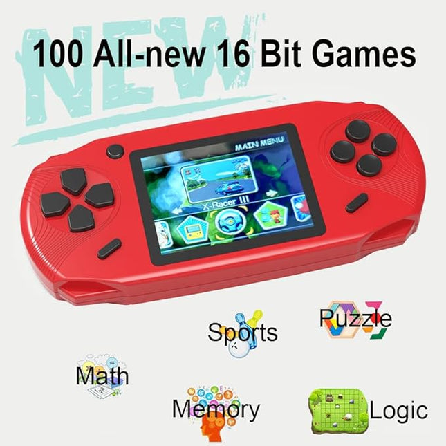 16 Bit Handheld Games for Kids Adults 3.0'' Large Screen Preloaded 100 HD Classic Retro Video Games USB Rechargeable Seniors Electronic Game Player Birthday Xmas Present (Red)