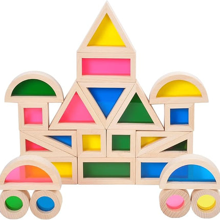 Wood Building Blocks Set 24pcs, Wooden Blocks for Toddlers, Rainbow Sensory Toys, Educational Toys, Preschool Wooden Stacking Toy for Kids