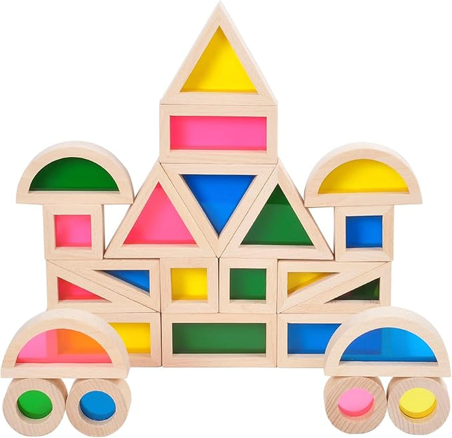 Wood Building Blocks Set 24pcs, Wooden Blocks for Toddlers, Rainbow Sensory Toys, Educational Toys, Preschool Wooden Stacking Toy for Kids