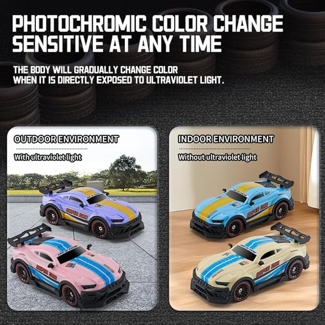 Color-Changing Remote Control Car with Dual Control, 6-Channel 2.4GHz RC Drift Cars with Lights, 2 Tire Sets & 4 Cones, High Speed Racing Toy for Boys, Birthday Gifts for Kids (A: Blue-Purple)