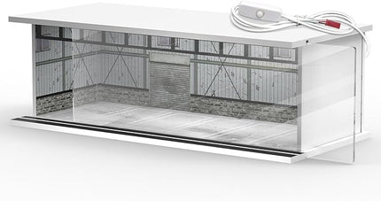 1/64 Scale Diecast Display Case for Hot Wheels Matchbox Cars, Toy Car Model Mini Garage with LED Light and Acrylic Cover, Stackable Parking Lot Diorama Storage for Collection Present