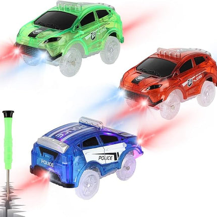 Tracks Cars Only Replacement, Flex Track Race Cars for Magic Tracks Glow in the Dark, LED Lights Up Battery Operated Snap N Glow Trax Cars Accessories, Compatible with Most Car Tracks for Kids (3pack