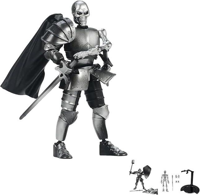 Mystic Silver Skeleton Knight Action Figure Toy, Multi-Jointed Movable Dummy Medieval T13 Articulated Robot Figure, Fantasy Warrior Undead Skeleton Death Knights Display Model (Assembly Required)