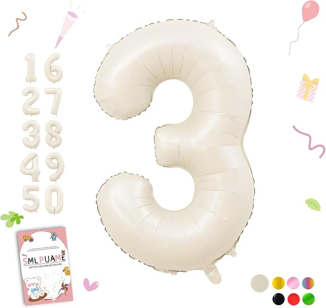 Smlpuame 40 Inch Beige Number 3 Balloons for 3rd Birthday Decorations Boys Girl, Giant Self-Sealing Cream Foil Number 0-10 White Sand Balloon for Women Men Party Anniversary Baby Shower Supplies