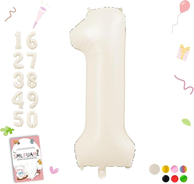 Smlpuame 40 Inch Beige Number 1 Balloon for 1st Birthday Decorations Boys Girls, Large Self Inflating Cream Foil Number 0-9 White Sand 1 Balloons for Women Men Party Anniversary Supplies Baby Shower