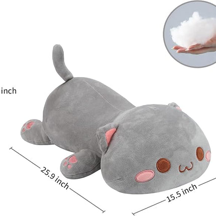 AFAN Cat Stuffed Animals Plush Cute Soft Cat Plush Pillow Toys Kawaii Plushies Room Decor Gifts for Kids Girls Boys (Round Eyes, Grey, 25.9 Inch)