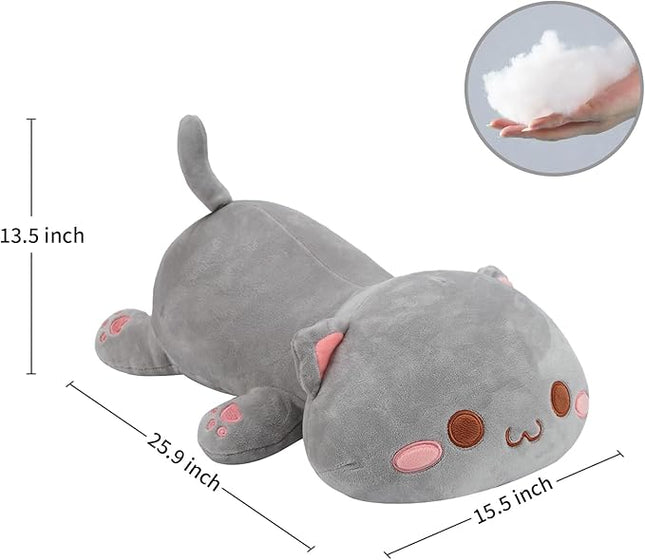 AFAN Cat Stuffed Animals Plush Cute Soft Cat Plush Pillow Toys Kawaii Plushies Room Decor Gifts for Kids Girls Boys (Round Eyes, Grey, 25.9 Inch)