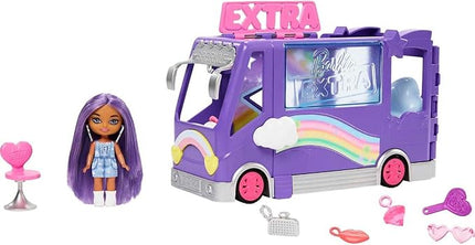 Barbie Extra Mini Minis Doll & Toy Vehicle Playset, Expandable Tour Bus with 3.25-inch Small Doll, Clothes & Accessories