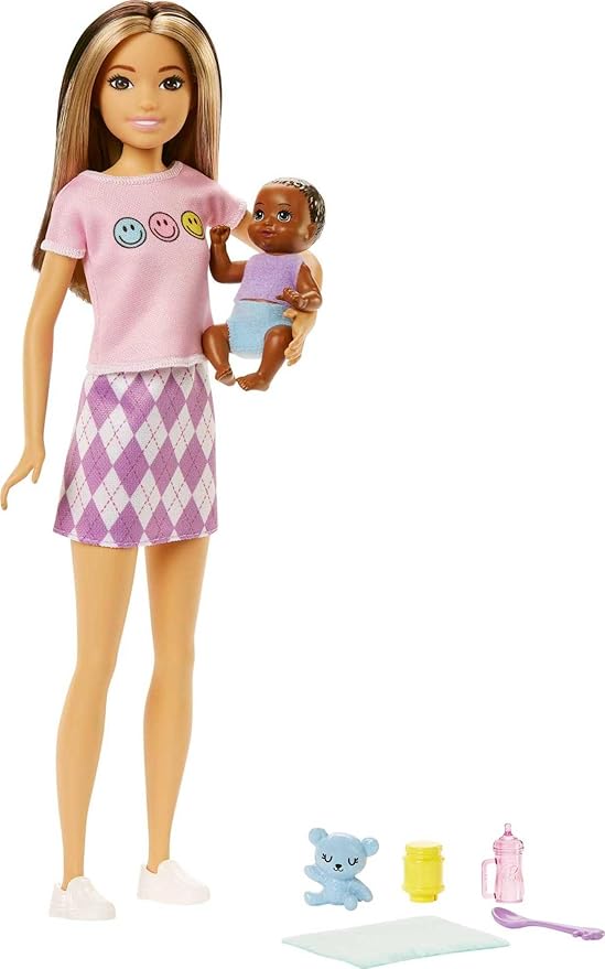 Barbie Dolls and Accessories, Skipper Doll (Two-Tone Hair) with Baby Figure and 5 Accessories, Babysitters, Inc. Playset