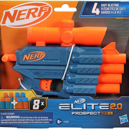 Nerf Elite 2.0 Prospect QS-4 Blaster, 8 Official Nerf Elite Darts, 4-Dart Blasting, Nonremovable Targeting Scope, Pull-Back Priming