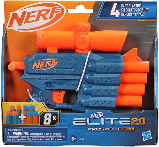 Nerf Elite 2.0 Prospect QS-4 Blaster, 8 Official Nerf Elite Darts, 4-Dart Blasting, Nonremovable Targeting Scope, Pull-Back Priming