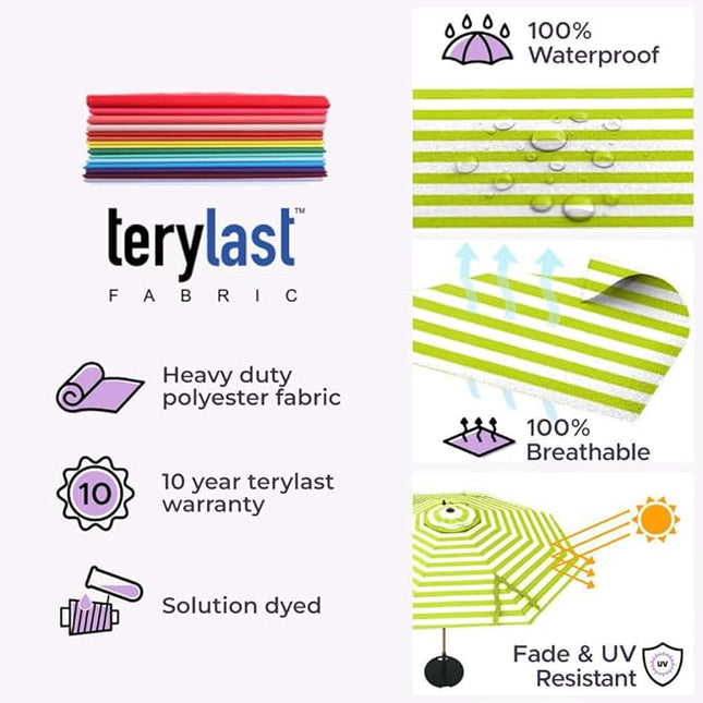 The Wooden 9 Feet Outdoor Umbrella With Terylast Pear Stripes (Light Green/White Stripes) Polyester Fabric - Aluminum Frame Patio Umbrella With Push System For Deck, Garden, Pool - Wooden Pole