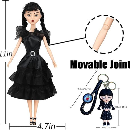 11.5'' Addams Doll with Gift Box, High Heels, Black Dress, and Hair, Perfect Christmas and Birthdays Toy Gift for Girls & Fans(A3)