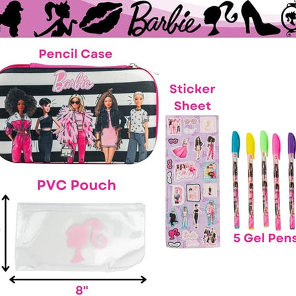 Innovative Designs Barbie Pencil Case Set with Stickers and Gel Pens for Kids, Molded with Zip Closure, Pink
