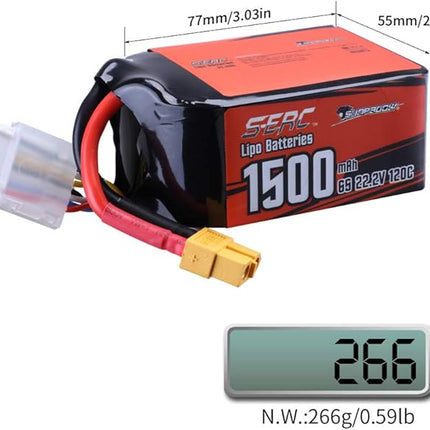 SUNPADOW 6S Lipo Battery 22.2V 120C 1500mAh with XT60 Connector Rechargeable for RC FPV Airplane Quadcopter Helicopter Drone (2 Count)