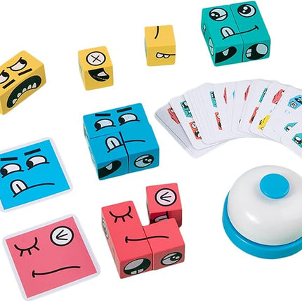 Wooden Face Changing Magic Cube Building Blocks Game Matching Expression Puzzle Toy Board Games for Family Night, Match Puzzles Geometric Educational Toys for Kids and Adults