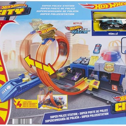 Hot Wheels Toy Car Track Set, Super Police Station Playset with 1:64 Scale Die-Cast Vehicle, Adjustable Loop for Multiple Ways to Race & Stunt