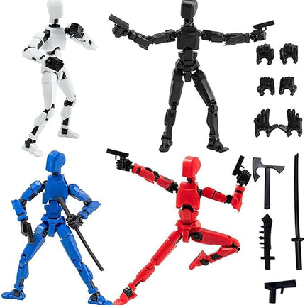 (Assembly Completed) T13 Action Figures Set Lucky Dummy Nova 13 Action Figure Robot Anime Stick Figures Fidget Toys for Boys Multi Movable Joints Gifts Toys for Kids (White+Black+Blue+Red)