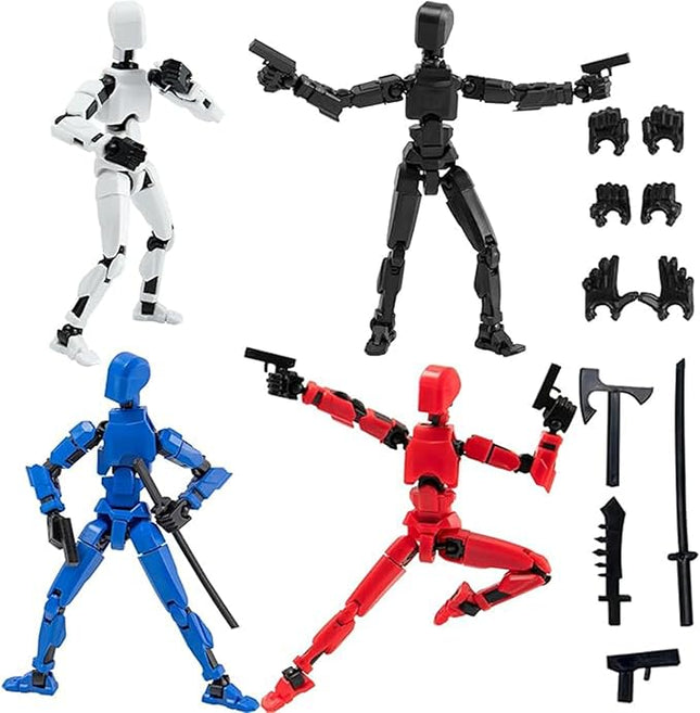 (Assembly Completed) T13 Action Figures Set Lucky Dummy Nova 13 Action Figure Robot Anime Stick Figures Fidget Toys for Boys Multi Movable Joints Gifts Toys for Kids (White+Black+Blue+Red)