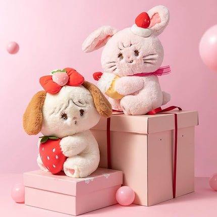 MINISO Mikko Bunny Cammy Plush Toy, 10" Strawberry Bunny Stuffed Animals, Sitting Soft Huggable Plush Dolls Cute Cartoon Cross-Dressing Gifts for Girls Birthday