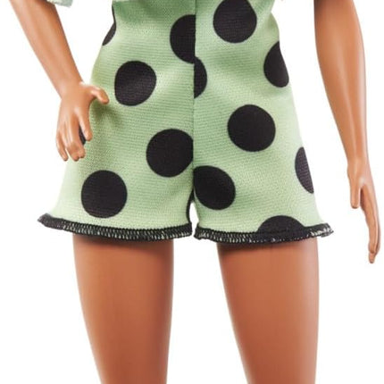 Barbie Fashionistas Doll #200 with Brunette Hair, Green Polka Dot Romper & Accessories Including Orange Heels & Sunglasses