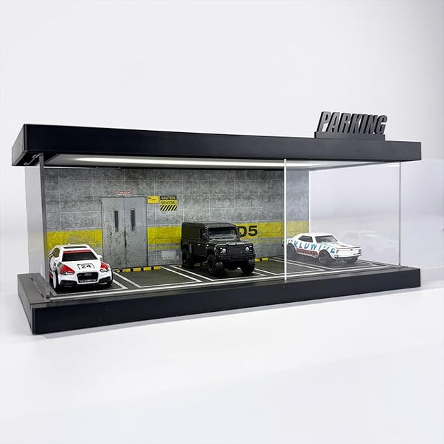 1/64 Model Car Display Case - Compatible with Hot Wheels Matchbox Mini GT Diecast Cars,Acrylic Box for Toy Cars Display Décor and Storage,Stackable Garage Diorama with LED Lights(1T-D5)