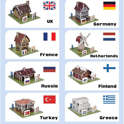 3D Puzzle Set - Traditional Houses Collection: Build 8 Country Models with Authentic Costumes, DIY Kit for Hobbyists, Creative Toy and Home Decor (Europe)