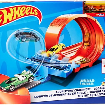 Hot Wheels Toy Car Track Set Loop Stunt Champion, Dual-Track Loop with Double-Car Launcher, Side-by-Side Racing, Includes 1 Toy Car in 1:64 Scale
