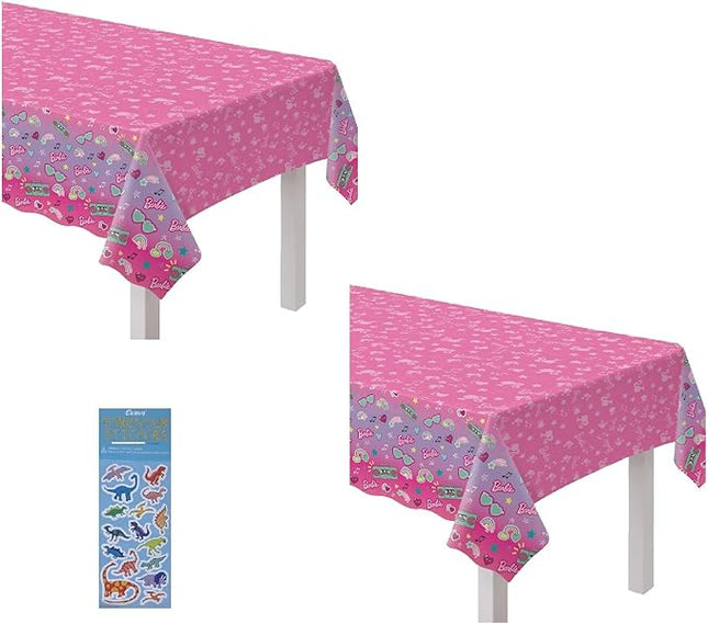 Amscan Barbie Pink Party Supplies Decoration Bundle Includes 2 Plastic Table Covers and 1 Dinosaur Sticker Sheet