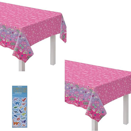 Amscan Barbie Pink Party Supplies Decoration Bundle Includes 2 Plastic Table Covers and 1 Dinosaur Sticker Sheet