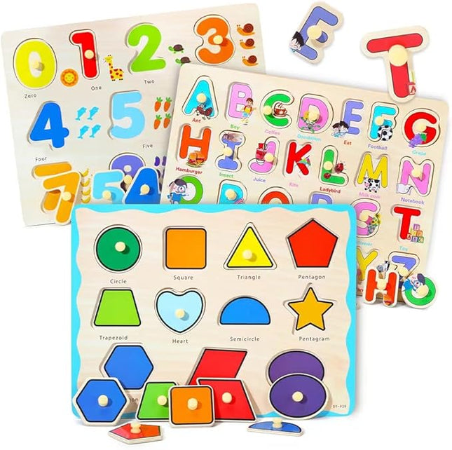 GRINNNIE Wooden Montessori Toddler Puzzles for 3 4 5 Years Old, 3 Pcs (Number, Letter, Shape) Kids Preschool Educational Peg Puzzle Set