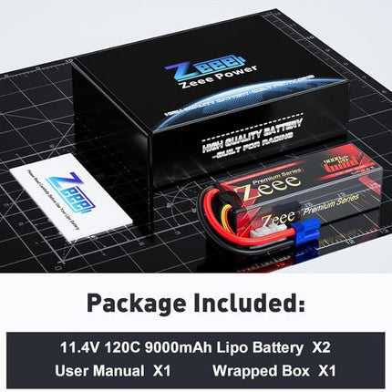 Zeee Premium Series 3S Lipo Battery 9000mAh 11.4V High Voltage Hard Case Battery 120C EC5 Connector HV-Lipo for RC Vehicles RC Car Truck Tank Racing Hobby Models (2 Pack)