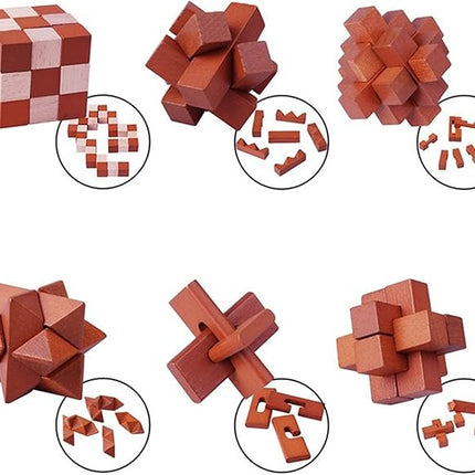 VolksRose 6pcs Wooden Brain Teaser Puzzles, IQ Challenge Puzzle Games, Logic Smart Mind Puzzle Box Lock Toy Removing Assembling 3D Small Puzzle Gift Set for Adults Teenagers Kids, 1.8inch 4.5cm