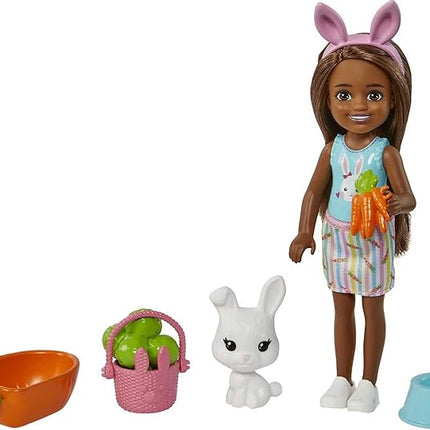 Barbie Chelsea Doll (Brunette) with Pet Bunny & Storytelling Accessories Including Pet Bed, Bunny Treats & More, Toy for 3 Year Olds & Up