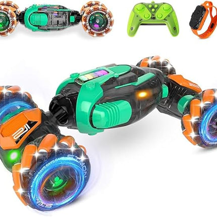 RC Gesture Sensing Stunt Car, 360° Rotating 4WD Remote Control Transform Remote & Hand Car, Remote & Hand, Double-Sided Driving with Lights & Music,Birthday Drift Toy Gift for Kids Age 7 8 10 12 Year